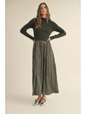 Miou Muse Green Sweater Combo Woven Maxi Dress, Medium